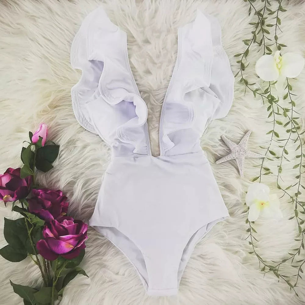 Women's one-shoulder ruffle printed one-piece swimsuit in blue