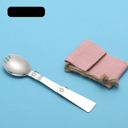 Compact titanium folding spoon with a canvas carrying case, perfect for outdoor dining and camping adventures