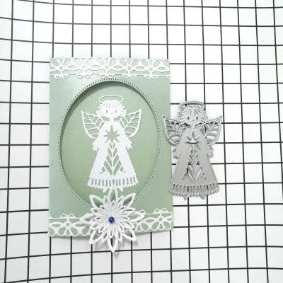 Angel knife mould for embossing greeting cards, carbon steel character decoration mould measuring 8 x 6 cm with figures and gods decorative pattern, sold individually packed in a PP bag with hanging form for crafting use, white colour option available