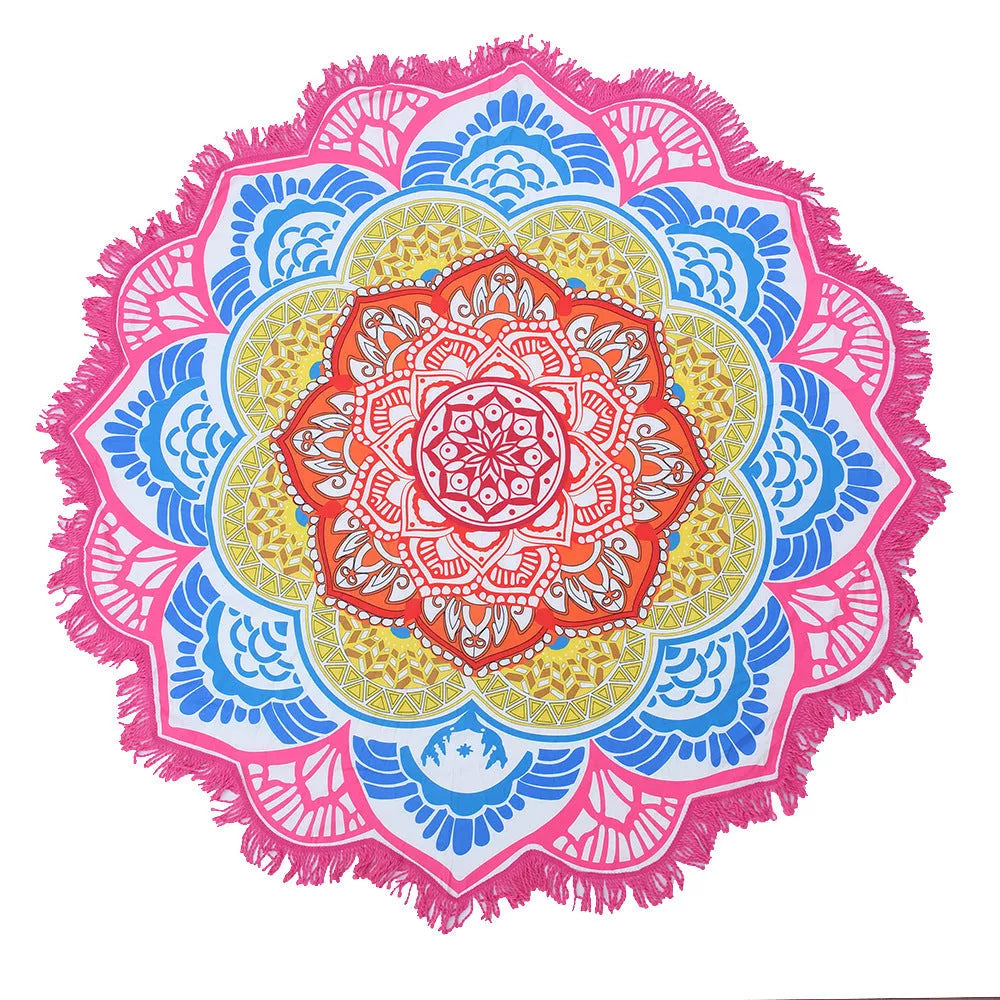 Round printed polyester towel mat for beach, yoga, and home decor with vibrant 3D patterns