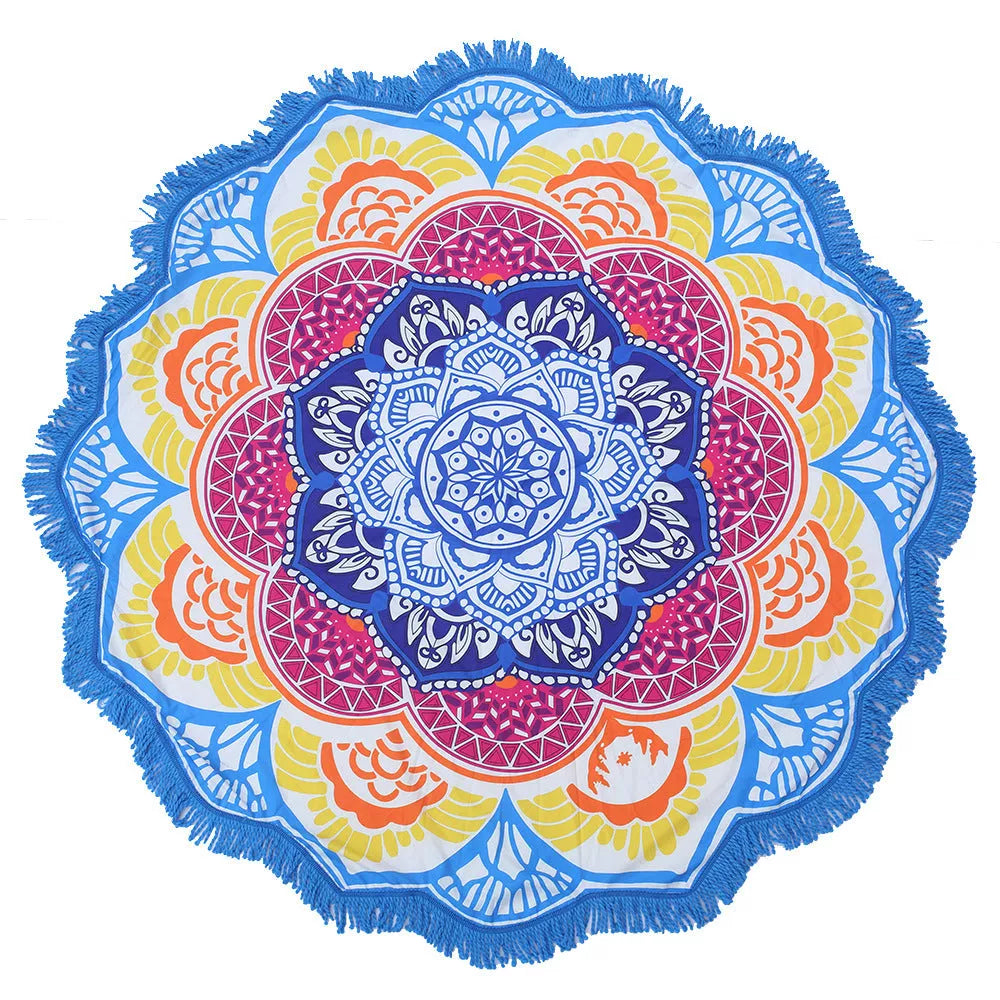 Round printed polyester towel mat for beach, yoga, and home decor with vibrant 3D patterns