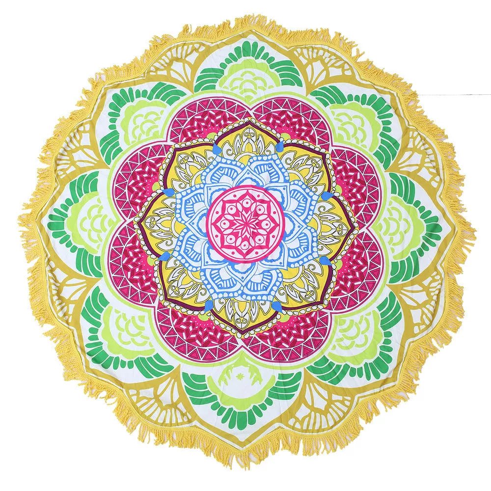Round printed polyester towel mat for beach, yoga, and home decor with vibrant 3D patterns