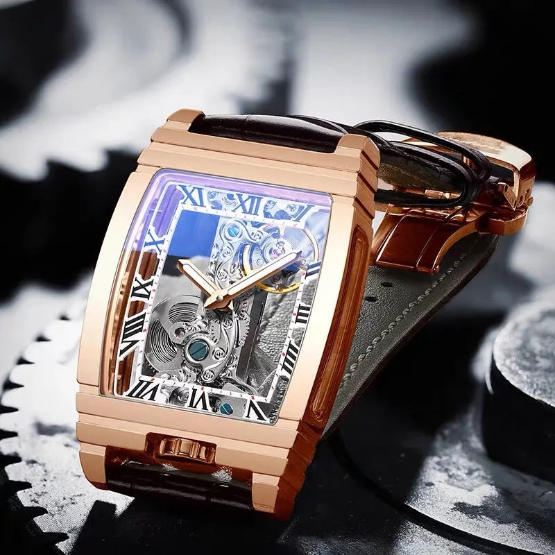 Daystar square stainless steel mechanical watch with leather strap on wrist, showing white dial and case.
