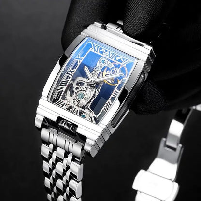 Daystar square stainless steel mechanical watch with leather strap on wrist, showing white dial and case.