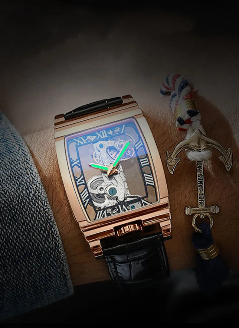 Daystar square stainless steel mechanical watch with leather strap on wrist, showing white dial and case.