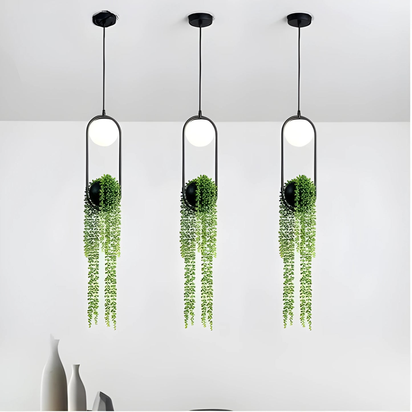 Iron fishing line chandelier with flower pot design and LED lighting in white or warm light options