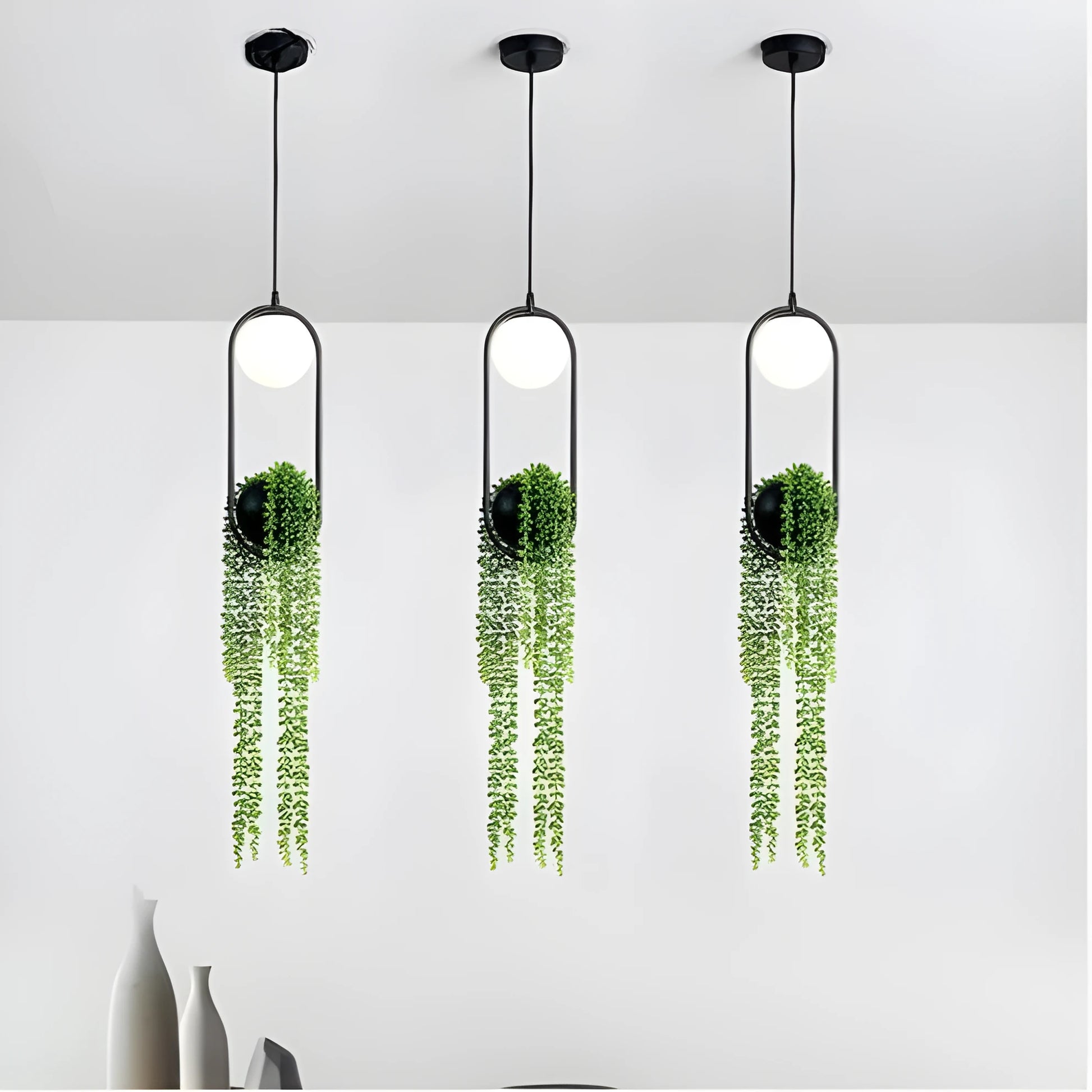 Iron fishing line chandelier with flower pot design and LED lighting in white or warm light options