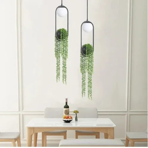 Creative Flower Pot Iron Aisle Chandelier with LED light source in white or warm light options, designed as a fishing line chandelier with 220V push button switch and a choice between modelled with plants or without plants.