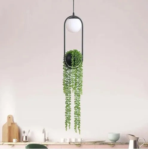 Iron fishing line chandelier with flower pot design and LED lighting in white or warm light options