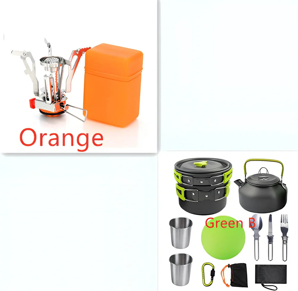 Outdoor camping cookware set with saucepan, frying pan, teapot, and stainless steel cups in mesh storage bag