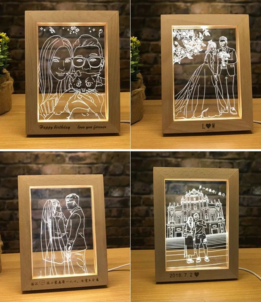 3D LED photo frame table lamp with beech wood frame and acrylic board displaying custom text