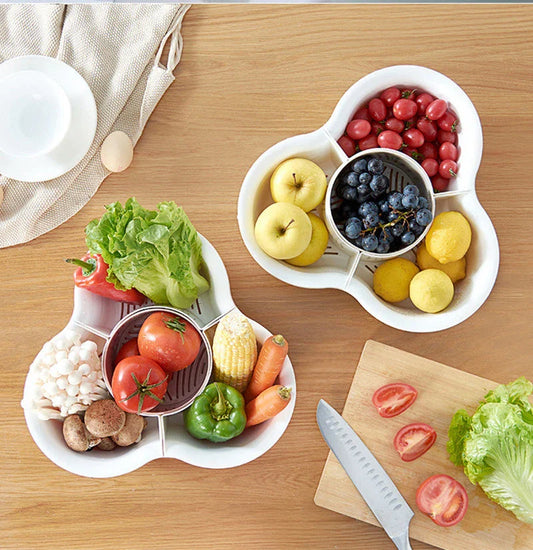 Versatile multifunctional plastic fruit and vegetable organizer basket with detachable compartments, anti-skid base, and space-saving design for kitchen, refrigerator, and home storage and organization.