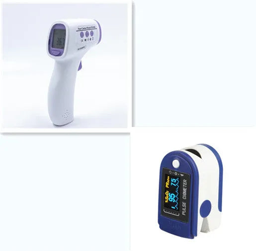 White digital infrared thermometer with LCD screen displaying temperature and colour-coded fever alert.