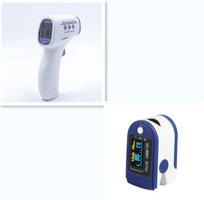 White digital infrared thermometer with LCD screen displaying temperature and colour-coded fever alert.