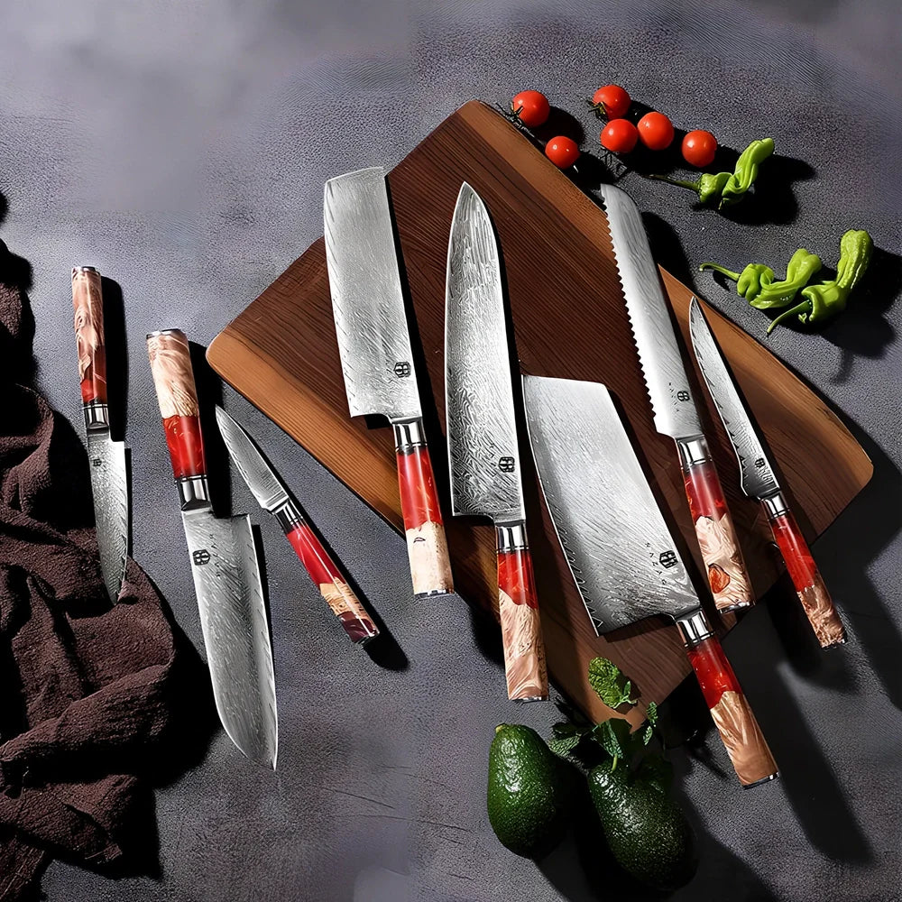 Damascus chef's knife set with unique epoxy wood burl handles, including 8-inch blade for precise slicing, 9.5-inch cow knife for meat, in 3-8 piece options