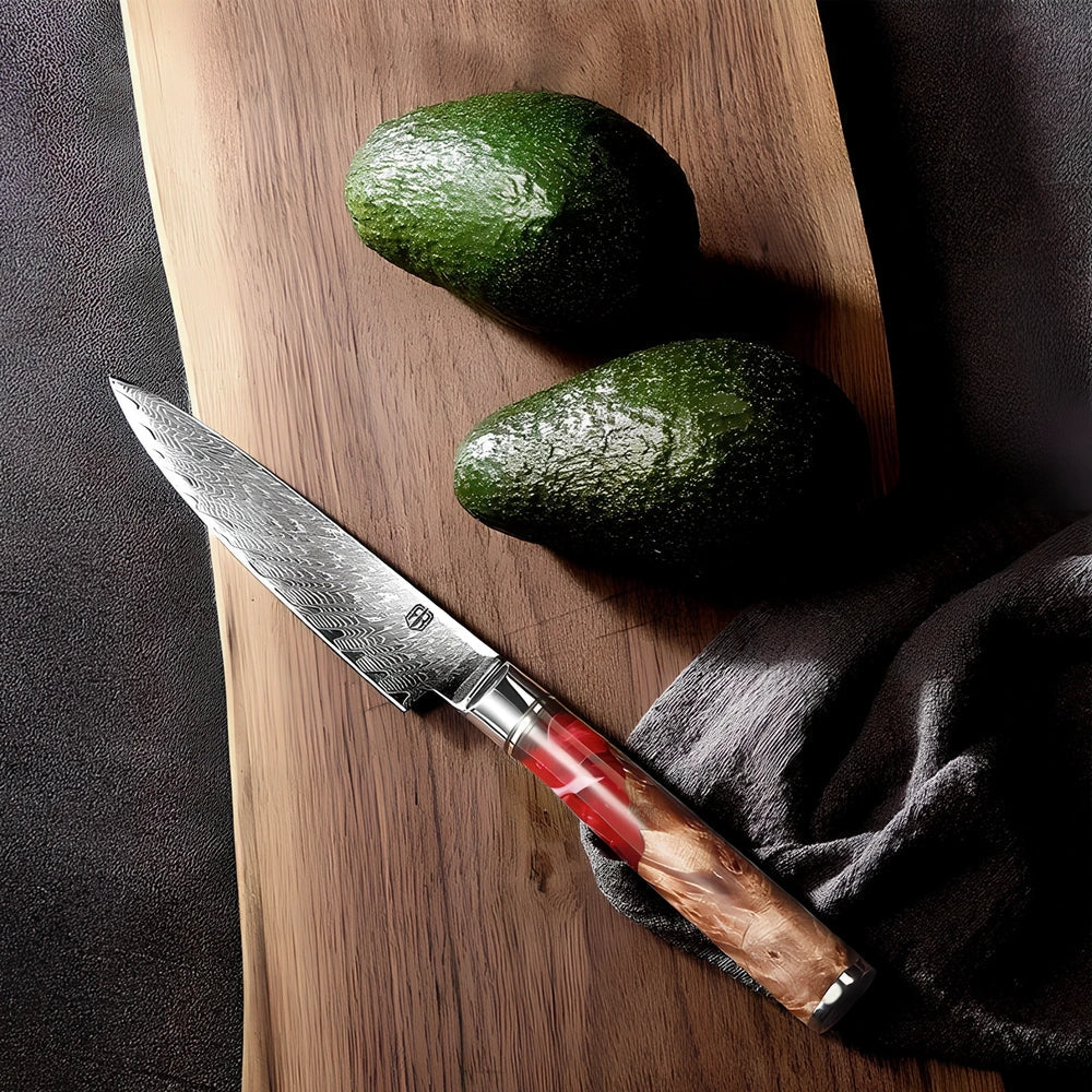 Damascus chef's knife set with unique epoxy wood burl handles, including 8-inch blade for precise slicing, 9.5-inch cow knife for meat, in 3-8 piece options