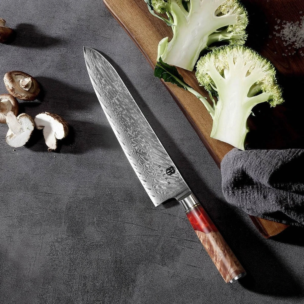 Damascus chef's knife set with unique epoxy wood burl handles, including 8-inch blade for precise slicing, 9.5-inch cow knife for meat, in 3-8 piece options