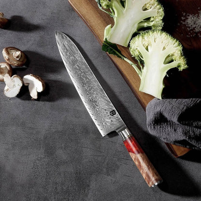 Damascus chef's knife set with unique epoxy wood burl handles, including 8-inch blade for precise slicing, 9.5-inch cow knife for meat, in 3-8 piece options