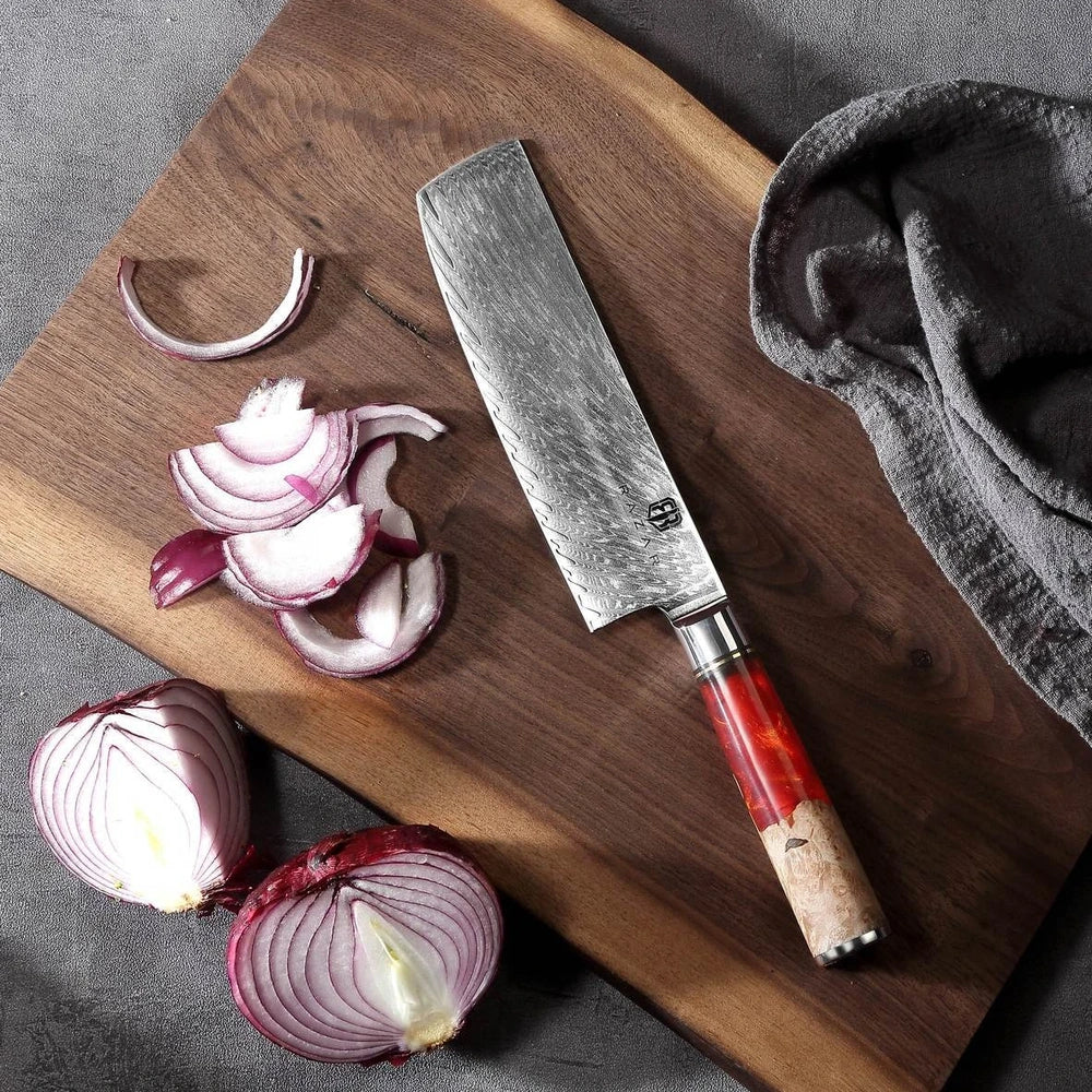 Damascus chef's knife set with unique epoxy wood burl handles, including 8-inch blade for precise slicing, 9.5-inch cow knife for meat, in 3-8 piece options