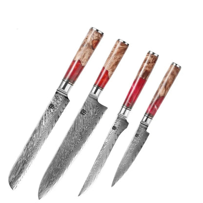 Damascus chef's knife set with unique epoxy wood burl handles, including 8-inch blade for precise slicing, 9.5-inch cow knife for meat, in 3-8 piece options