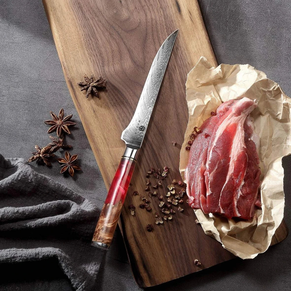 Damascus chef's knife set with unique epoxy wood burl handles, including 8-inch blade for precise slicing, 9.5-inch cow knife for meat, in 3-8 piece options