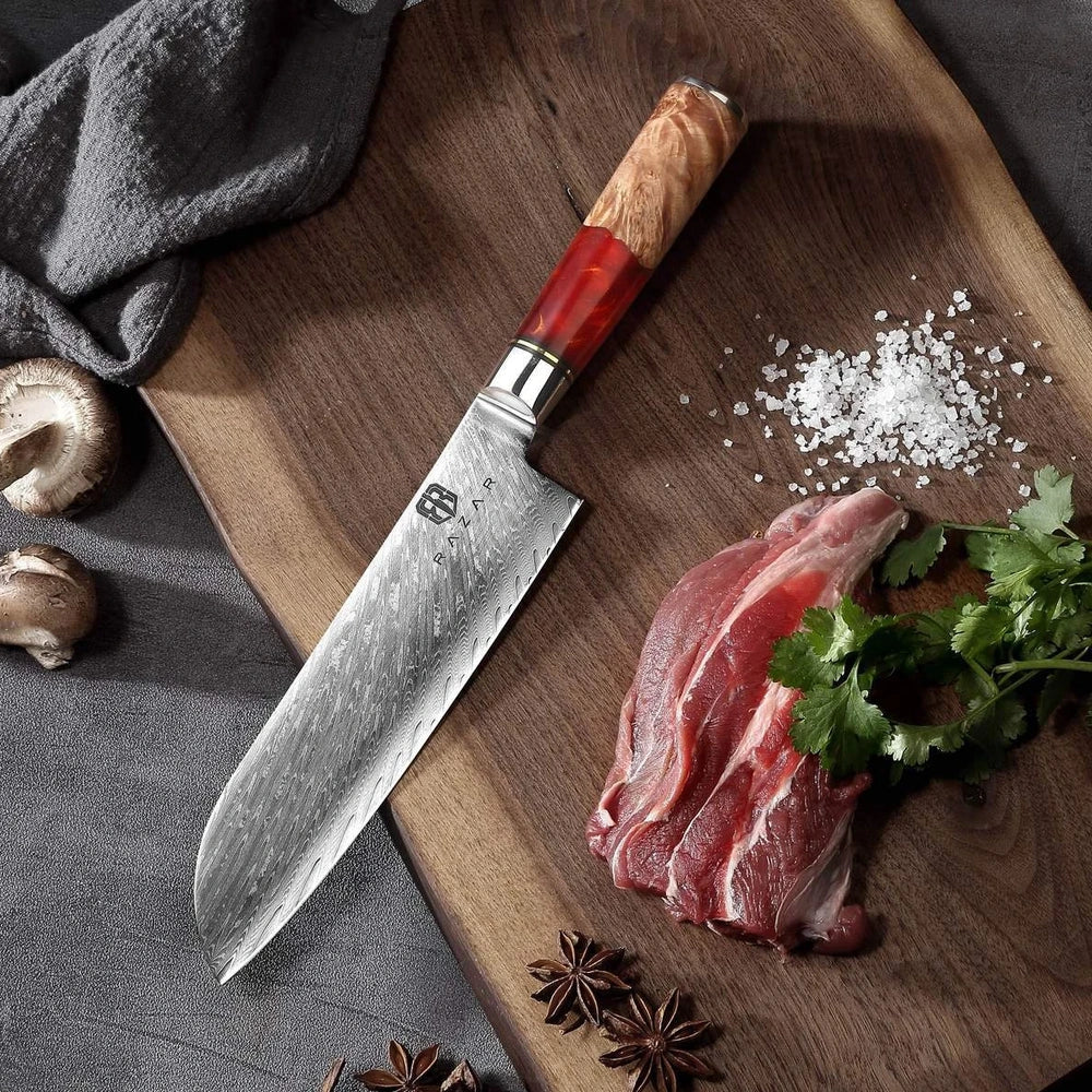 Damascus chef's knife set with unique epoxy wood burl handles, including 8-inch blade for precise slicing, 9.5-inch cow knife for meat, in 3-8 piece options