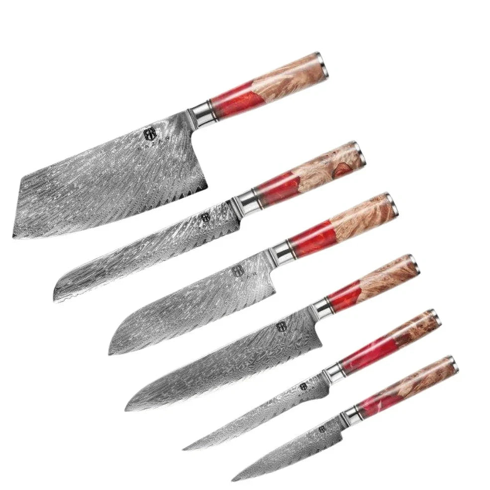 Damascus chef's knife set with unique epoxy wood burl handles, including 8-inch blade for precise slicing, 9.5-inch cow knife for meat, in 3-8 piece options