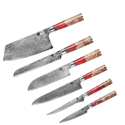 Damascus chef's knife set with unique epoxy wood burl handles, including 8-inch blade for precise slicing, 9.5-inch cow knife for meat, in 3-8 piece options