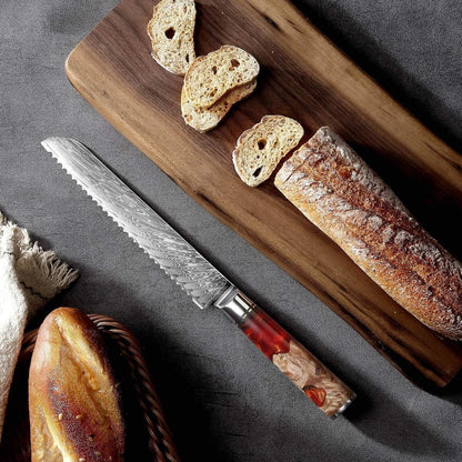 Damascus chef's knife set with unique epoxy wood burl handles, including 8-inch blade for precise slicing, 9.5-inch cow knife for meat, in 3-8 piece options