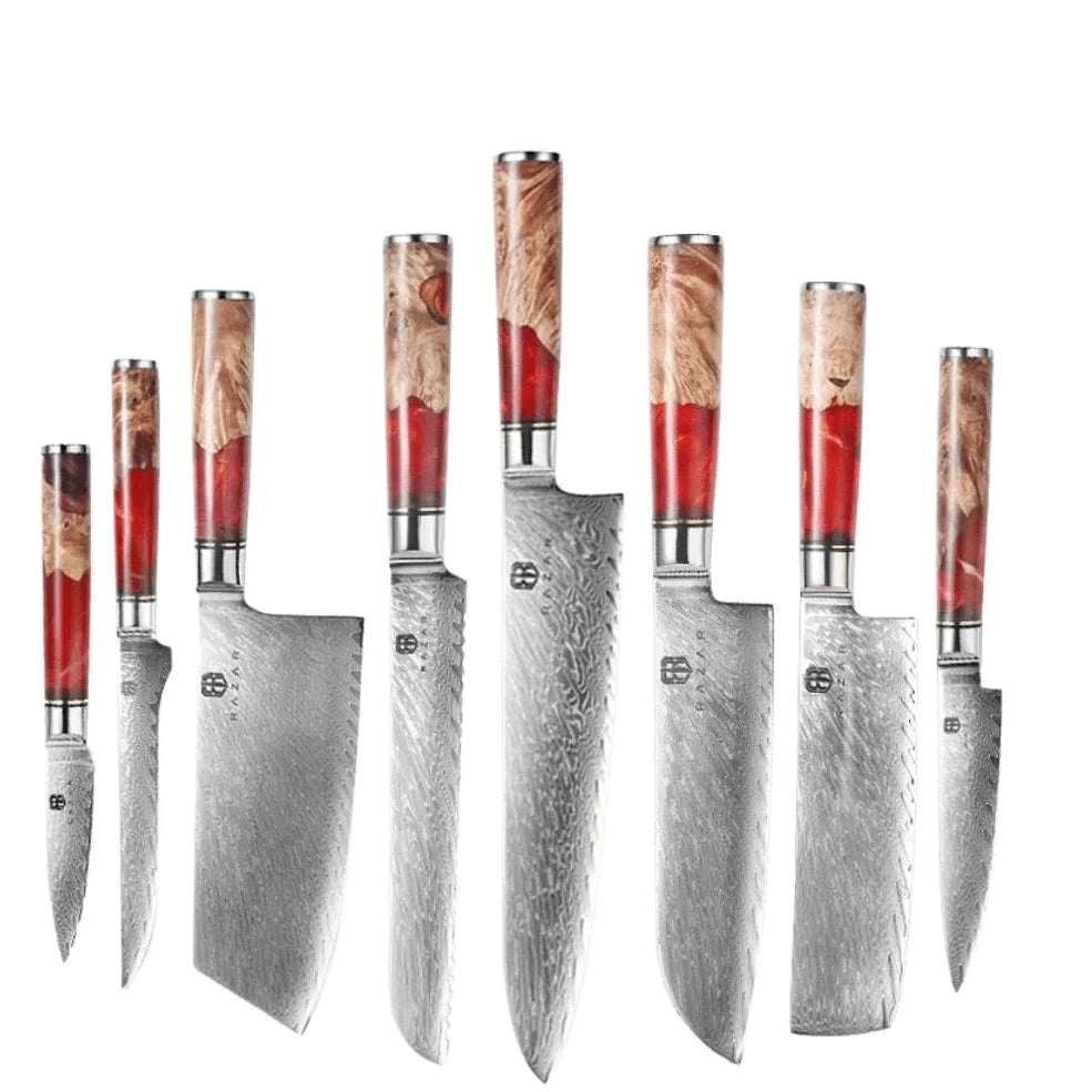 Damascus chef's knife set with unique epoxy wood burl handles, including 8-inch blade for precise slicing, 9.5-inch cow knife for meat, in 3-8 piece options