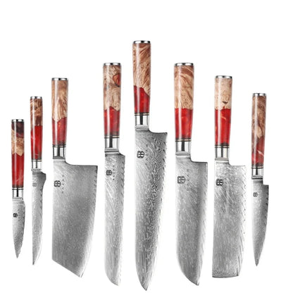 Damascus chef's knife set with unique epoxy wood burl handles, including 8-inch blade for precise slicing, 9.5-inch cow knife for meat, in 3-8 piece options