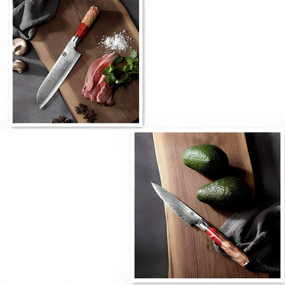 Damascus chef's knife set with unique epoxy wood burl handles, including 8-inch blade for precise slicing, 9.5-inch cow knife for meat, in 3-8 piece options