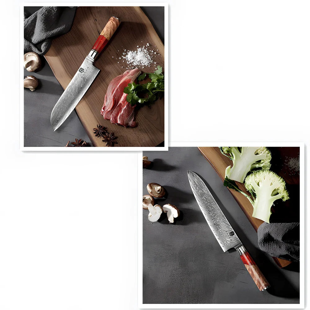 Damascus chef's knife set with unique epoxy wood burl handles, including 8-inch blade for precise slicing, 9.5-inch cow knife for meat, in 3-8 piece options