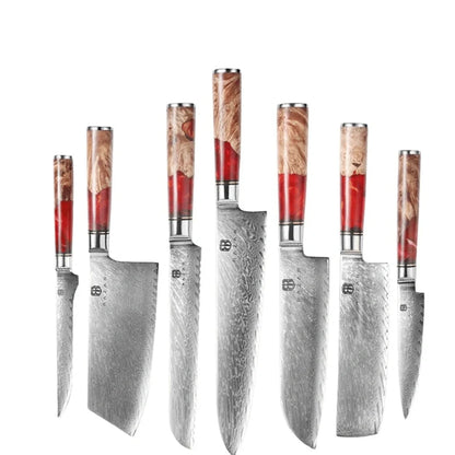 Damascus chef's knife set with unique epoxy wood burl handles, including 8-inch blade for precise slicing, 9.5-inch cow knife for meat, in 3-8 piece options