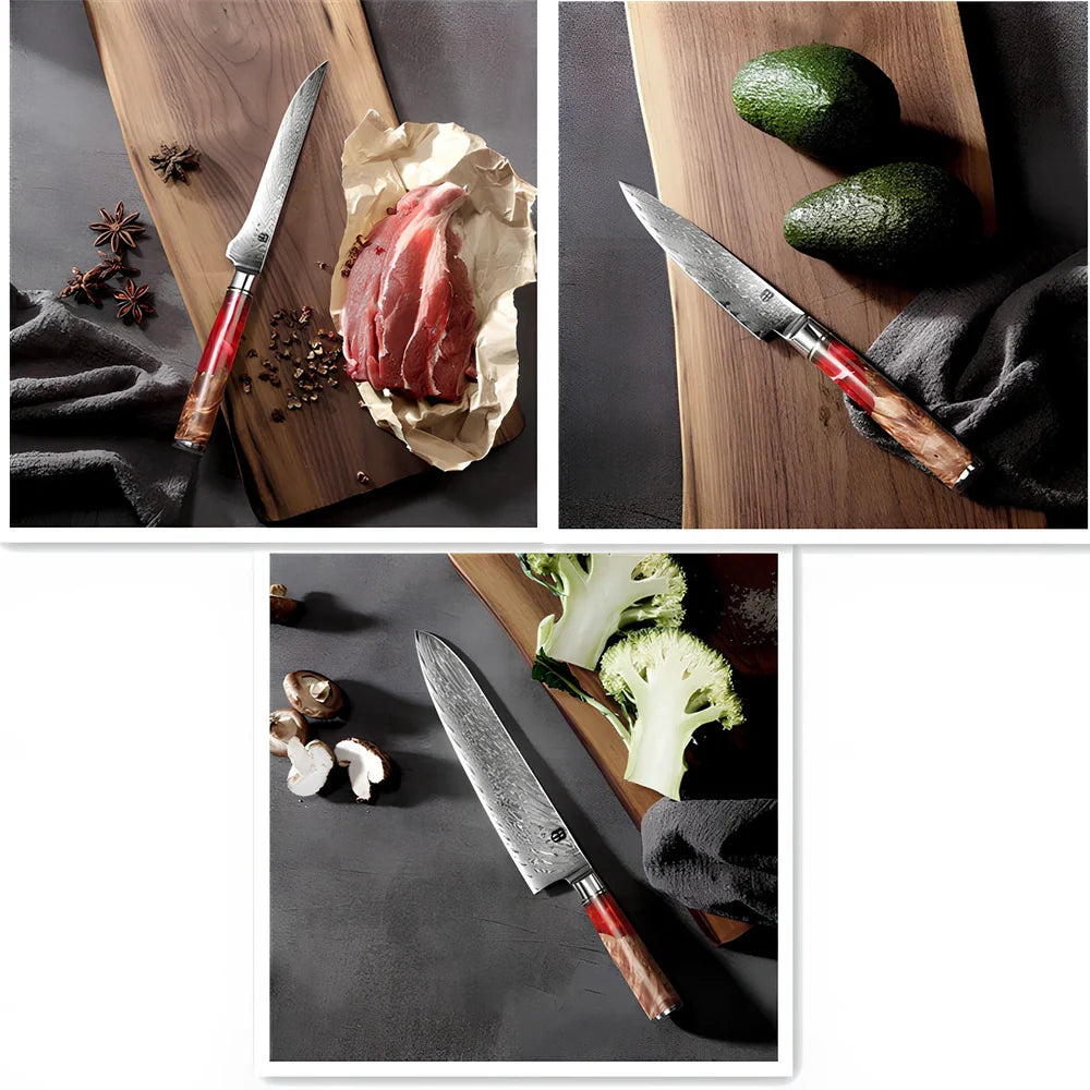 Damascus chef's knife set with unique epoxy wood burl handles, including 8-inch blade for precise slicing, 9.5-inch cow knife for meat, in 3-8 piece options