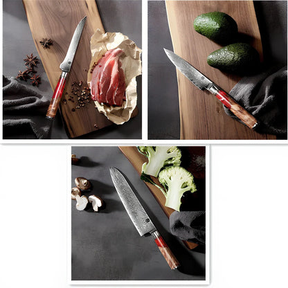 Damascus chef's knife set with unique epoxy wood burl handles, including 8-inch blade for precise slicing, 9.5-inch cow knife for meat, in 3-8 piece options