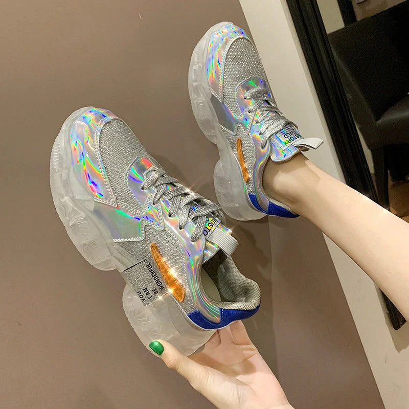 Women's transparent sneakers with holographic flash and platform sole in silver