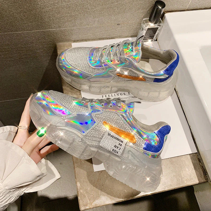 Women's transparent sneakers with holographic flash and platform sole in silver