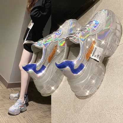 Women's transparent sneakers with holographic flash and platform sole in silver