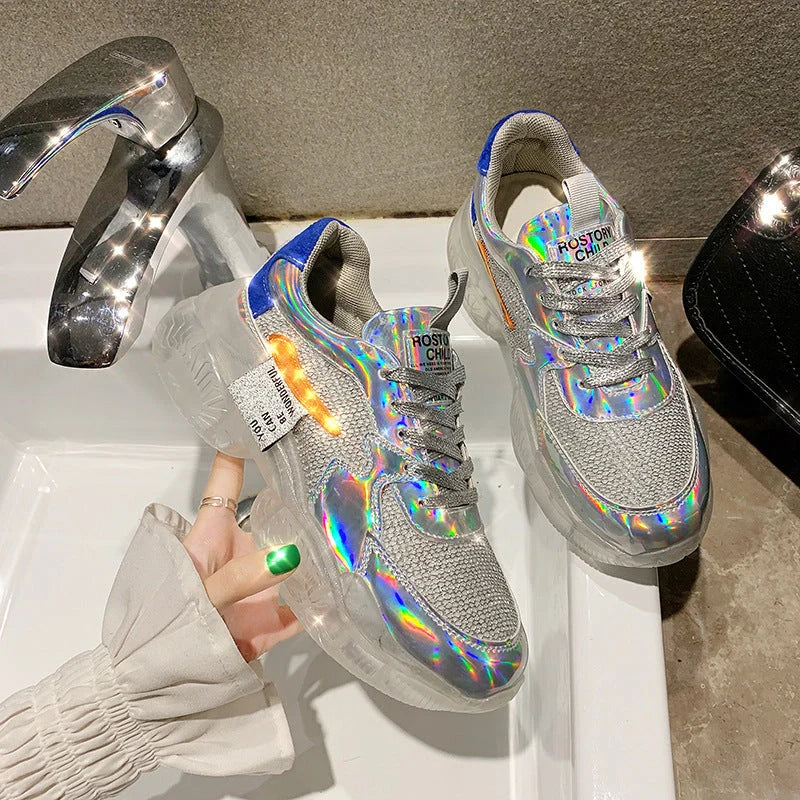 Women's transparent sneakers with holographic flash and platform sole in silver