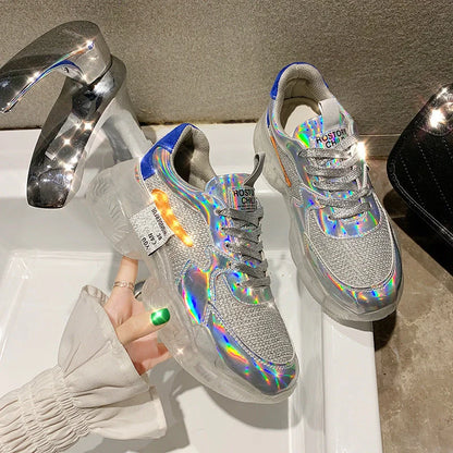 Women's transparent sneakers with holographic flash and platform sole in silver