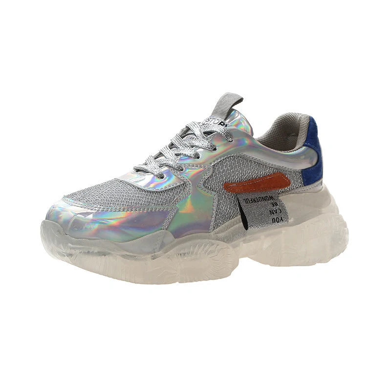 Women's transparent sneakers with holographic flash and platform sole in silver