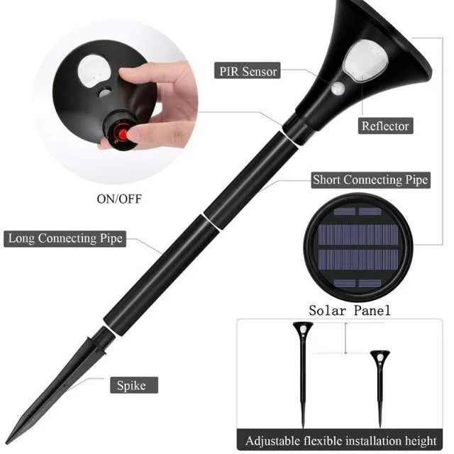 Solar-powered ground spike light with LED, automatic sensor, and weatherproof IP65 casing for gardens.