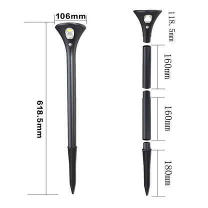 Solar-powered ground spike light with LED, automatic sensor, and weatherproof IP65 casing for gardens.