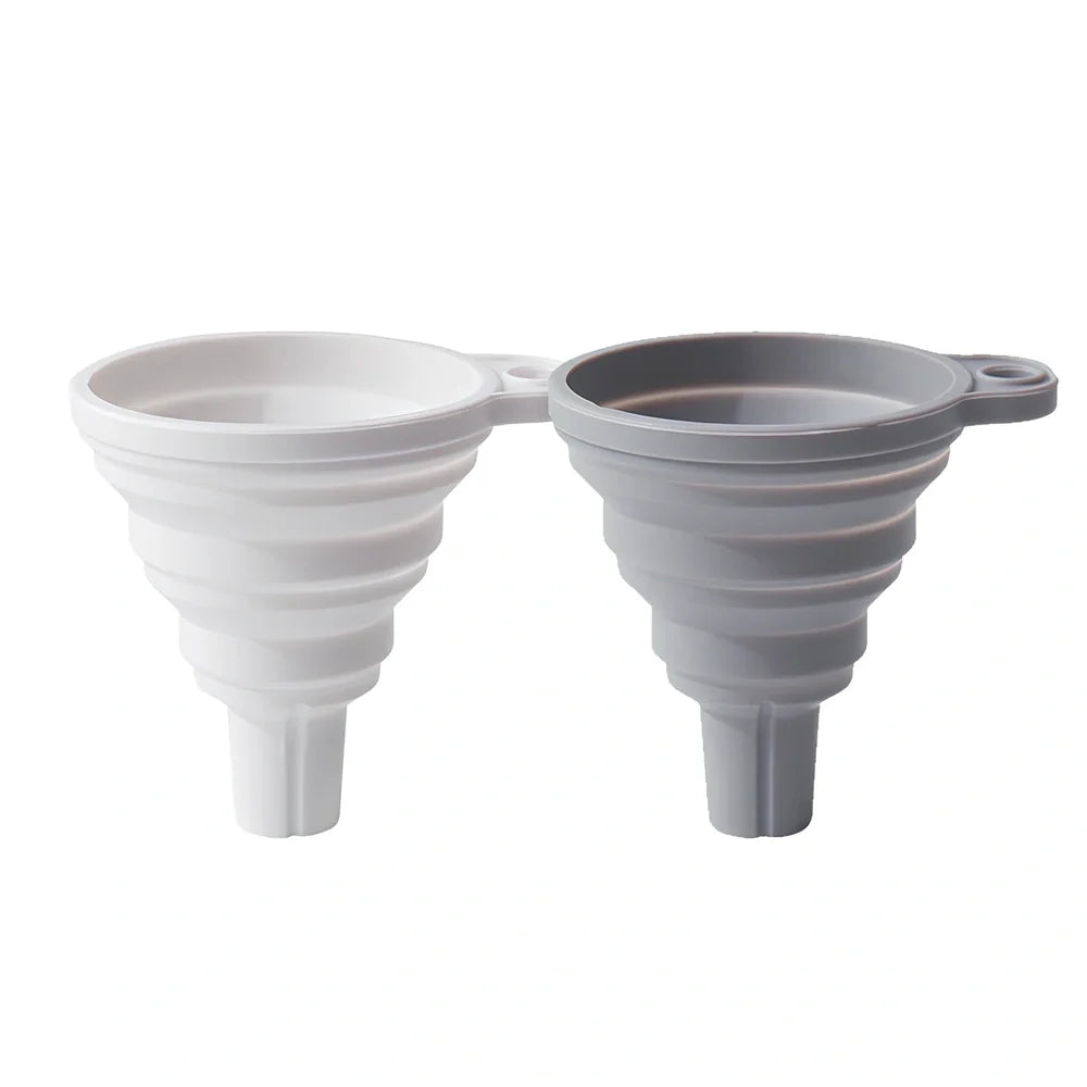 Grey silicone folding funnel collapsed to 2.5cm thickness beside expanded 18cm diameter version