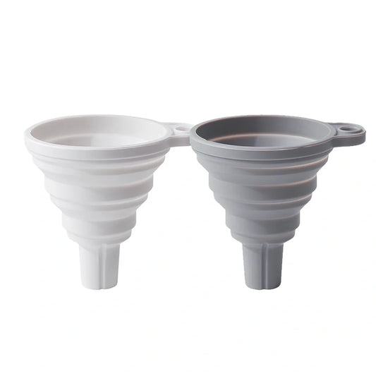Grey silicone folding funnel collapsed to 2.5cm thickness beside expanded 18cm diameter version
