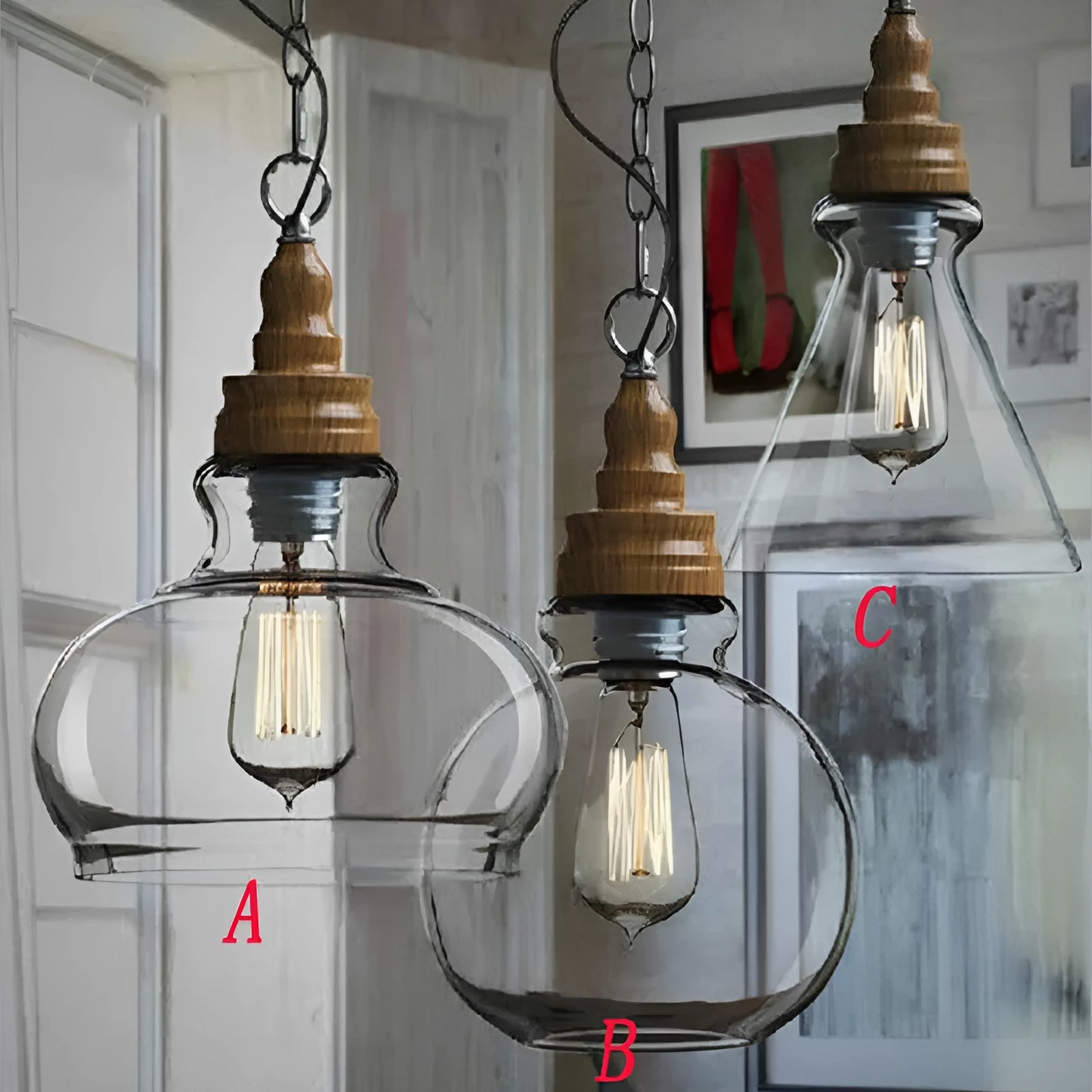 Glass single head pendant light with wood grain finish and adjustable cord.