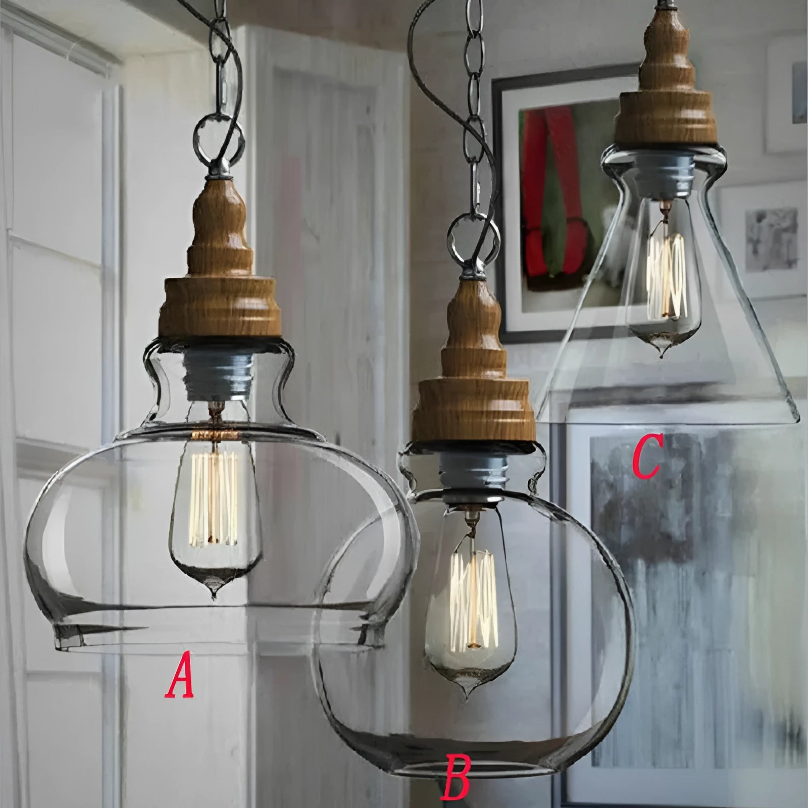 Glass single head pendant light with wood grain finish and adjustable cord.