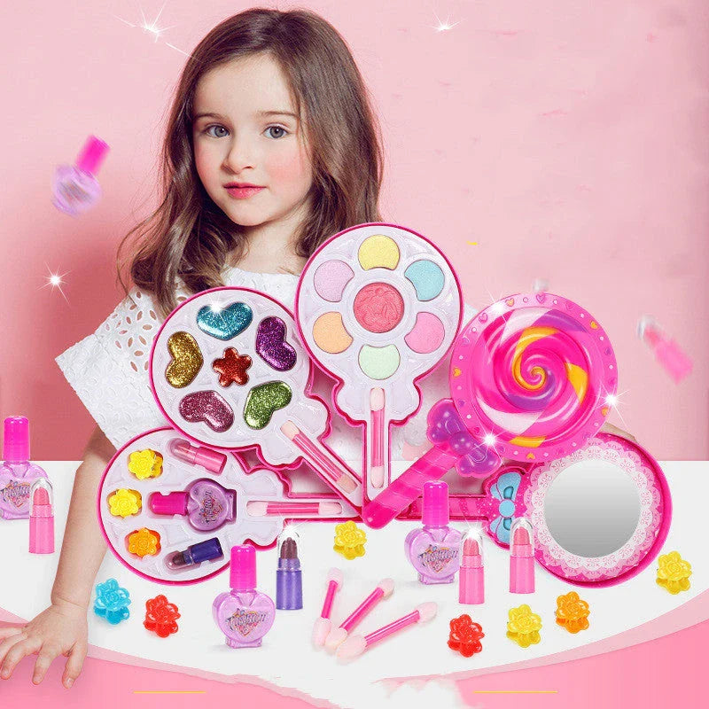 Premium washable makeup kit for little girls with vibrant colors and textures, perfect for pretend play and creative expression.