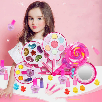 Premium washable makeup kit for little girls with vibrant colors and textures, perfect for pretend play and creative expression.